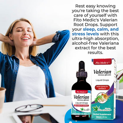 Fito Medics Valerian Root herbal supplement dropper bottle showing alcohol free formula labels