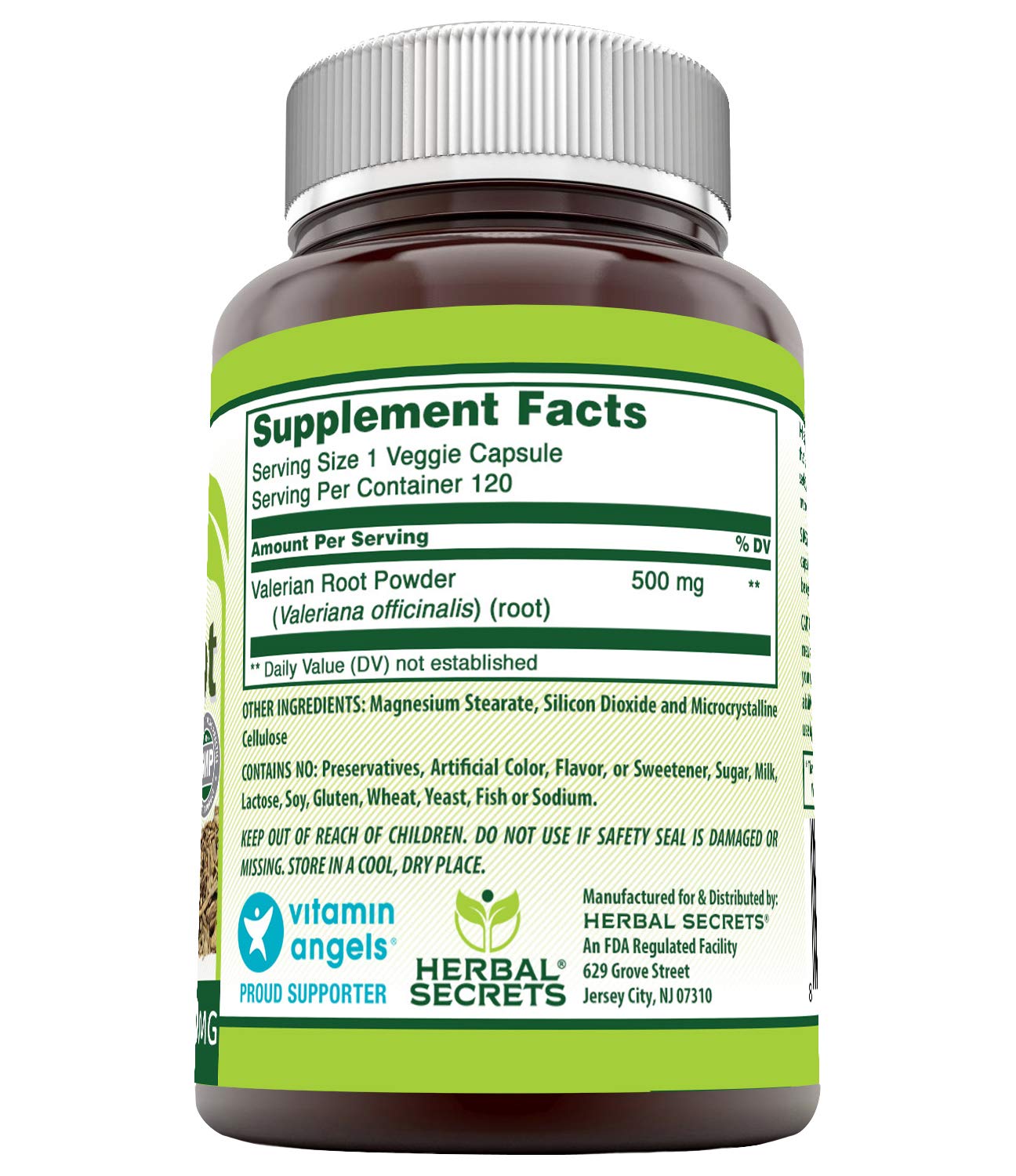 Side angle view of USA imported Herbal Secrets Valerian Root supplement label showing supplement facts and clean ingredient details.