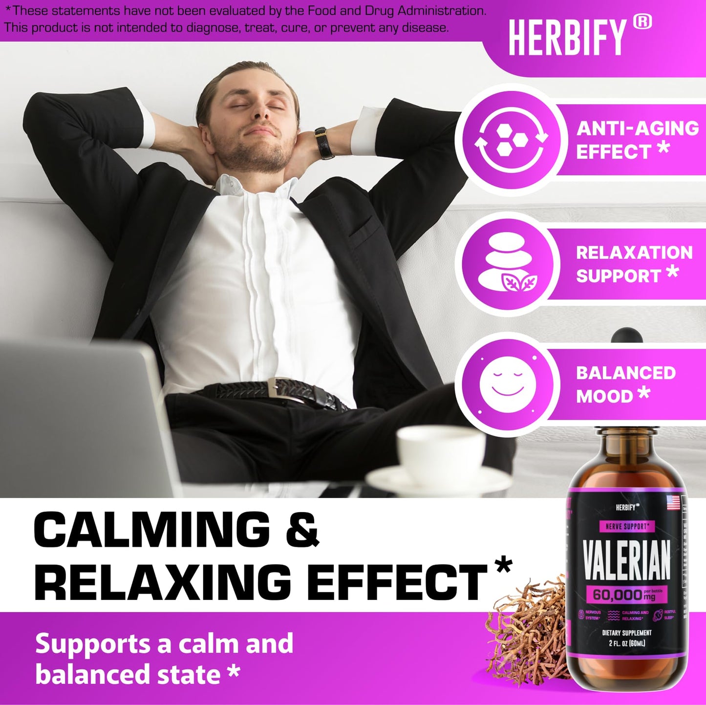 Herbify valerian root dietary supplement dropper top close up view