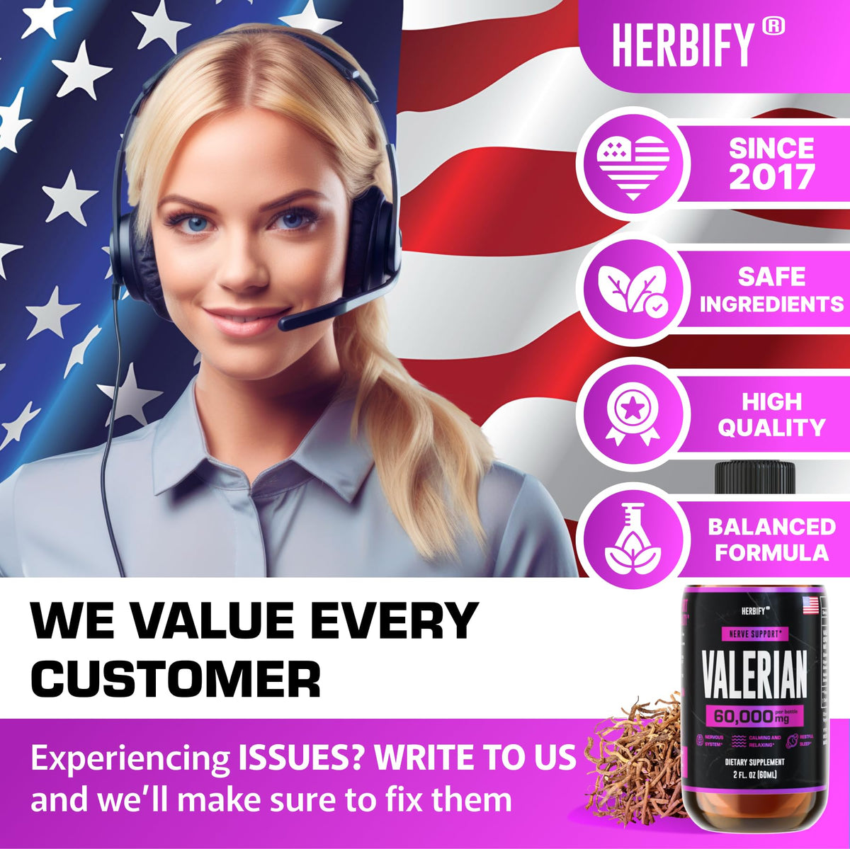 Herbify premium valerian root liquid formula bottle placed on a clean surface
