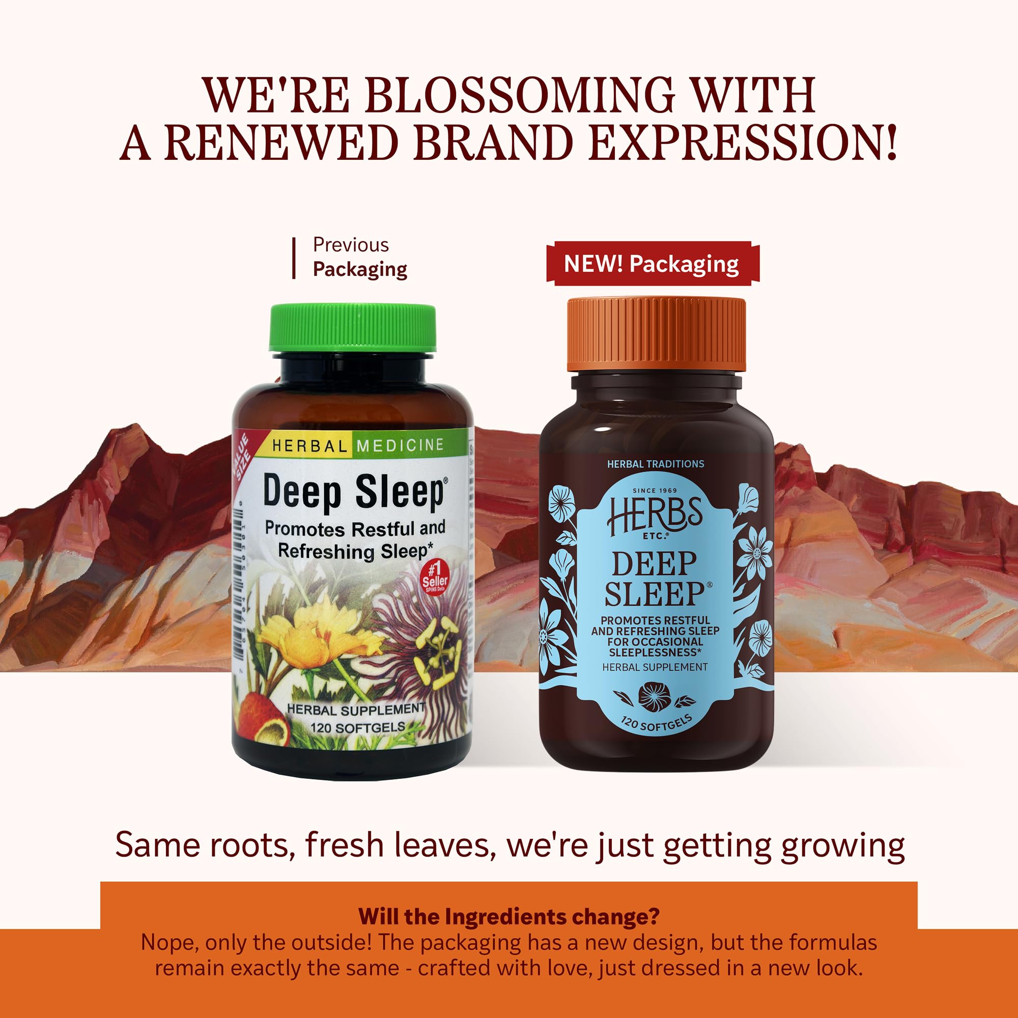 Herbs Etc Deep Sleep liquid filled capsules packaging detailing melatonin free ingredients.