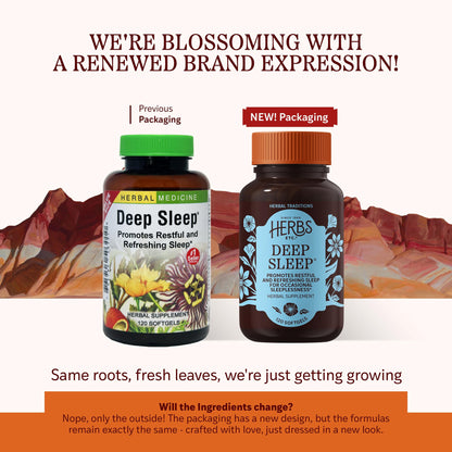 Herbs Etc Deep Sleep liquid filled capsules packaging detailing melatonin free ingredients.