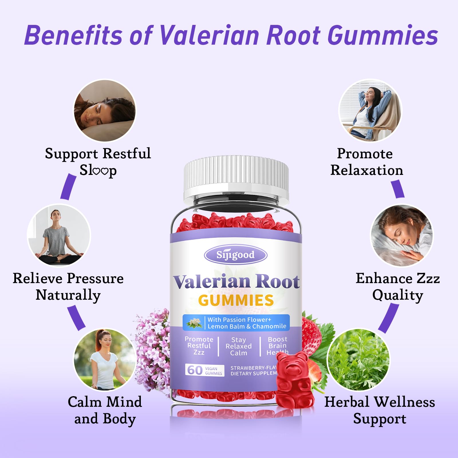 Sijigood organic herbal relaxant gummies packaging showing vegan and non GMO labels