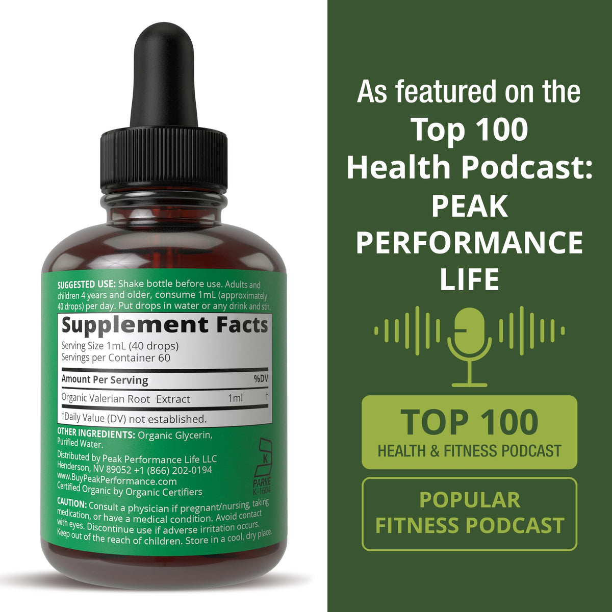 Side panel of Peak Performance Organic Valerian supplement showing clean ingredients list