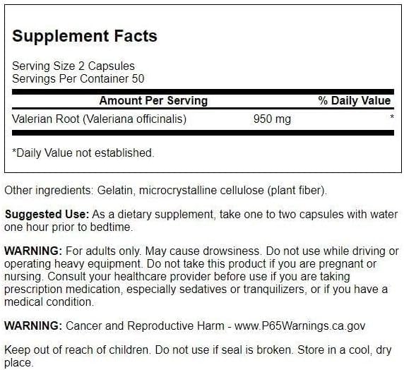 Swanson Valerian Root 100 herbal capsules nutrition facts label showing 475mg serving size