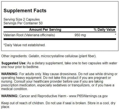 Swanson Valerian Root 100 herbal capsules nutrition facts label showing 475mg serving size