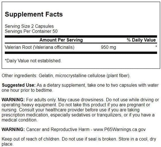 Swanson Valerian Root 100 herbal capsules nutrition facts label showing 475mg serving size