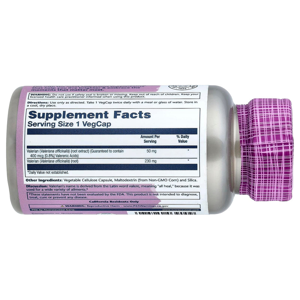 Solaray Valerian Root Extract 60 vegetarian capsules supplement facts label