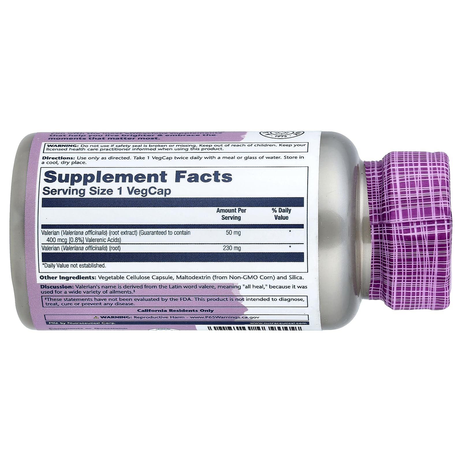 Solaray Valerian Root Extract 60 vegetarian capsules supplement facts label