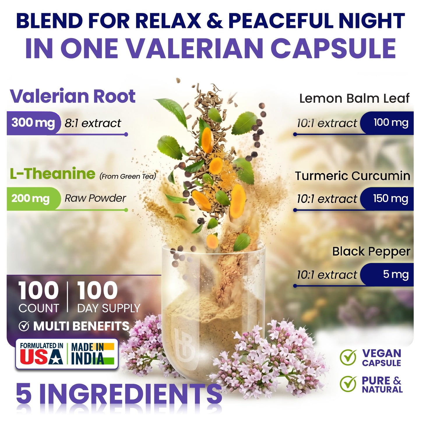 Herbpy 100 vegan capsules bottle showing 5in1 stress relief herbal blend