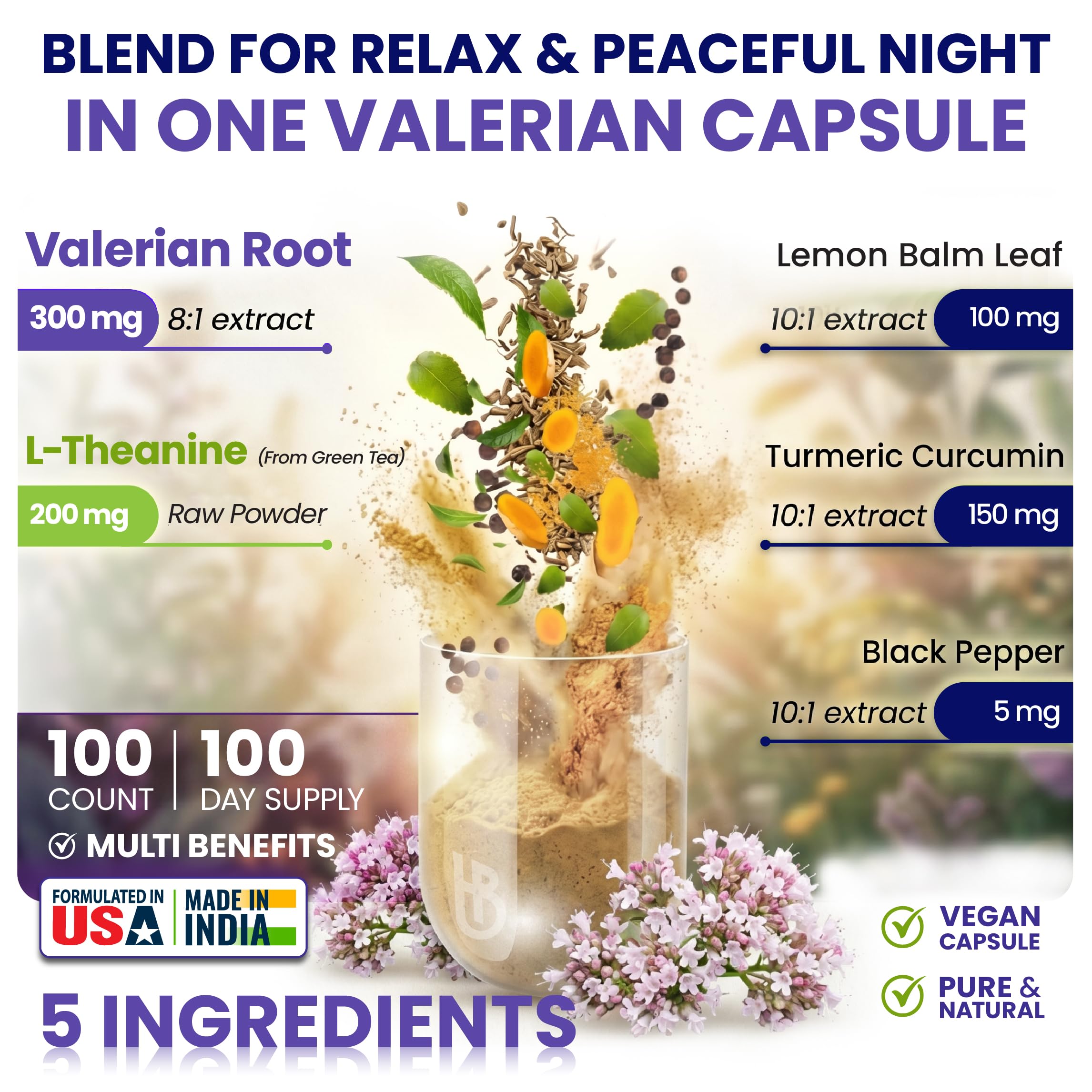 Herbpy 100 vegan capsules bottle showing 5in1 stress relief herbal blend