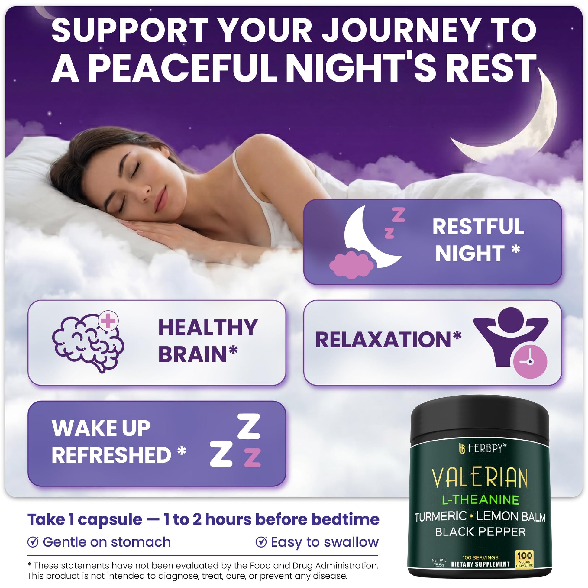 Herbpy valerian root supplement facts panel with L-Theanine and lemon balm