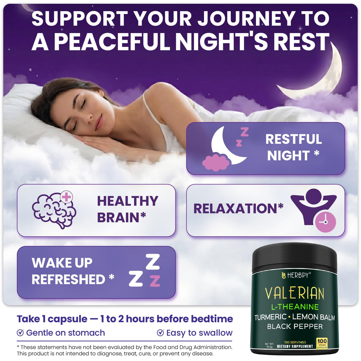 Herbpy valerian root supplement facts panel with L-Theanine and lemon balm