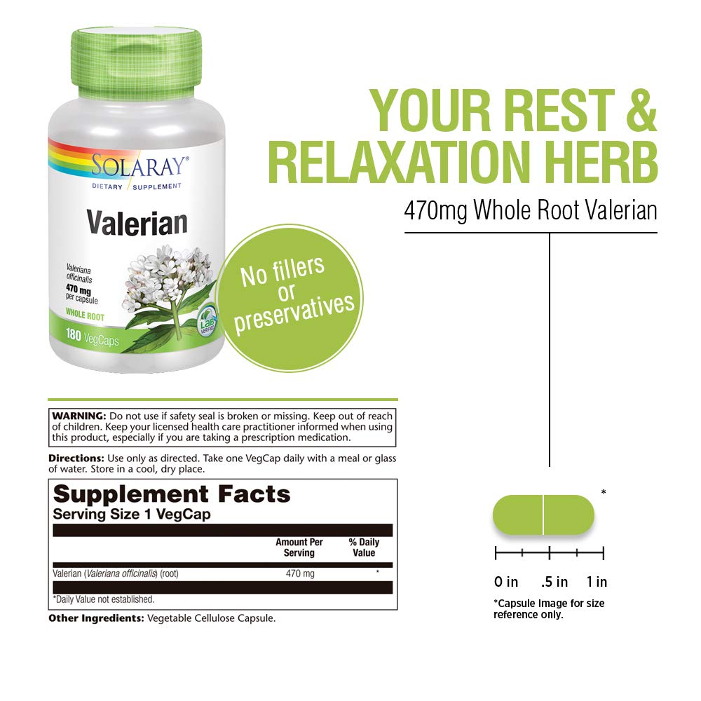 Side angle of Solaray Valerian Root supplement bottle detailing the lab-verified non-GMO label.