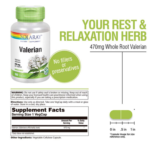 Side angle of Solaray Valerian Root supplement bottle detailing the lab-verified non-GMO label.