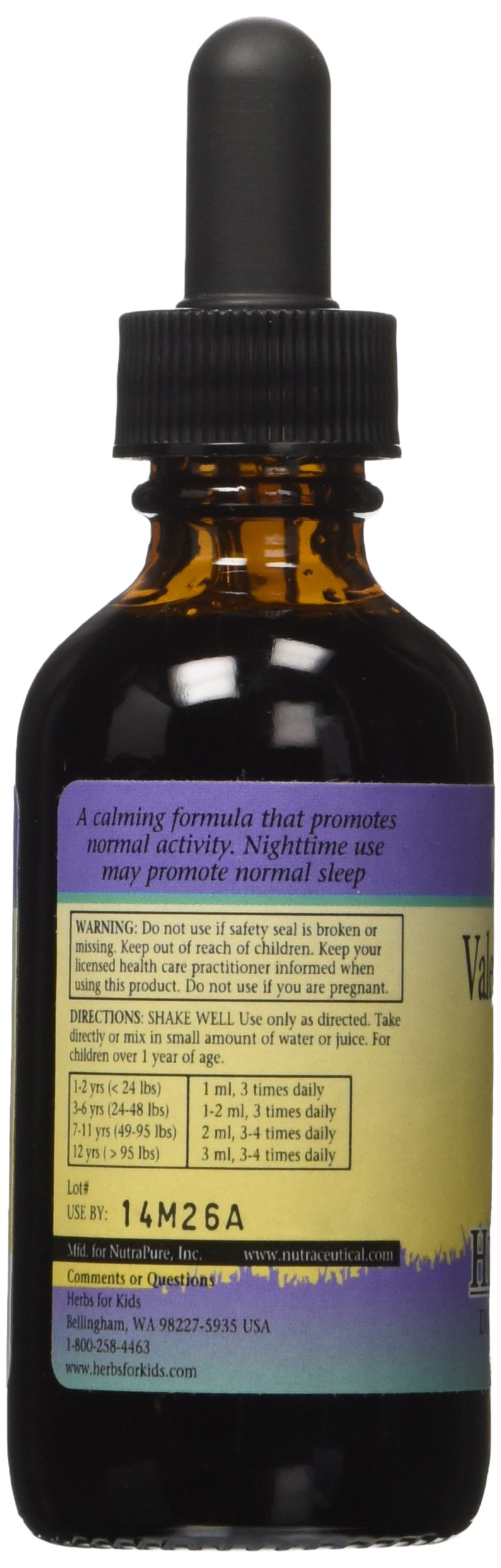 Herbs For Kids liquid valerian root supplement alcohol free tincture packaging details showing directions for use