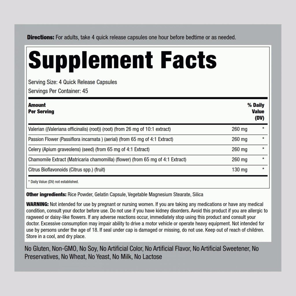 Piping Rock Calm Caps supplement showing the herbal blend ingredient list.