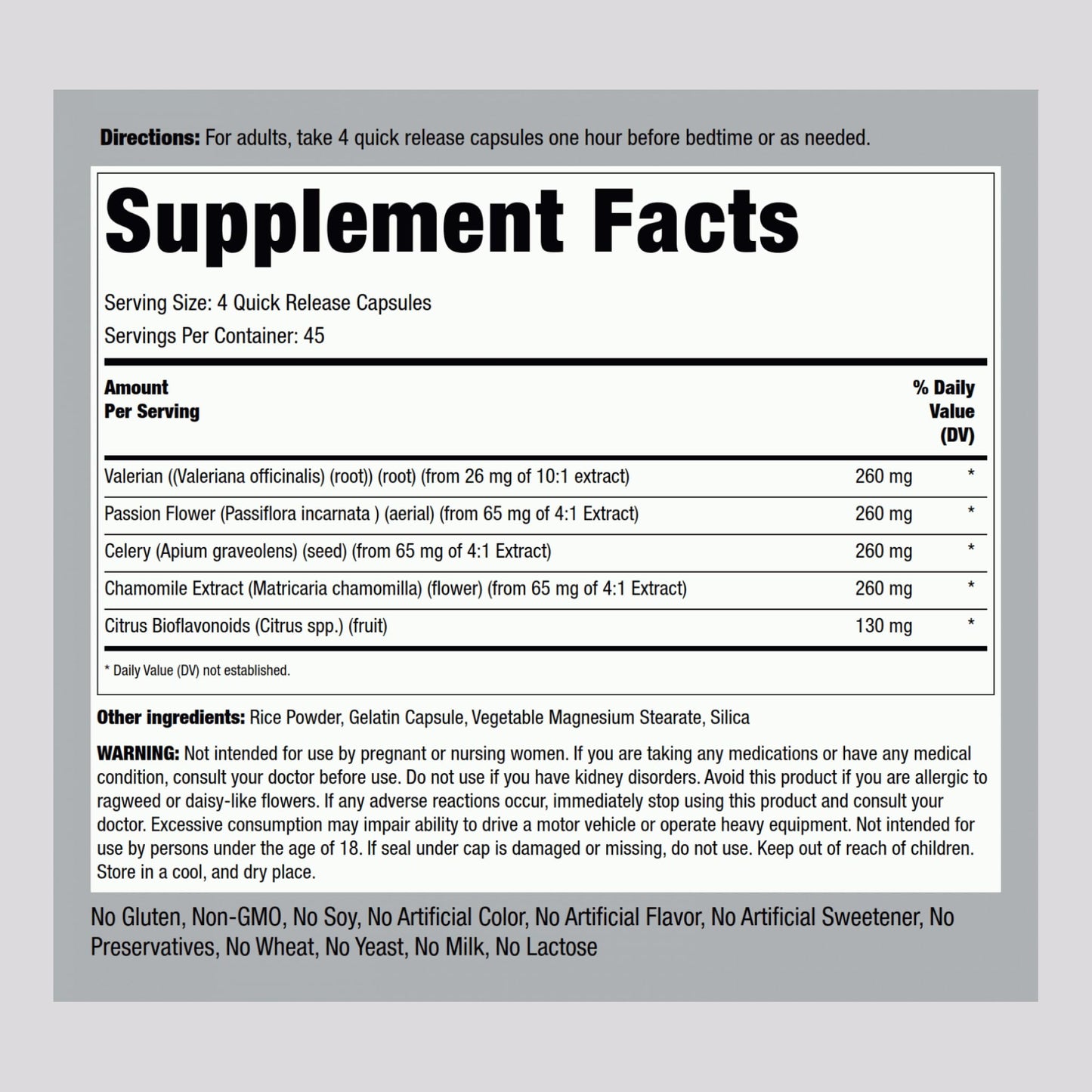 Piping Rock Calm Caps supplement showing the herbal blend ingredient list.
