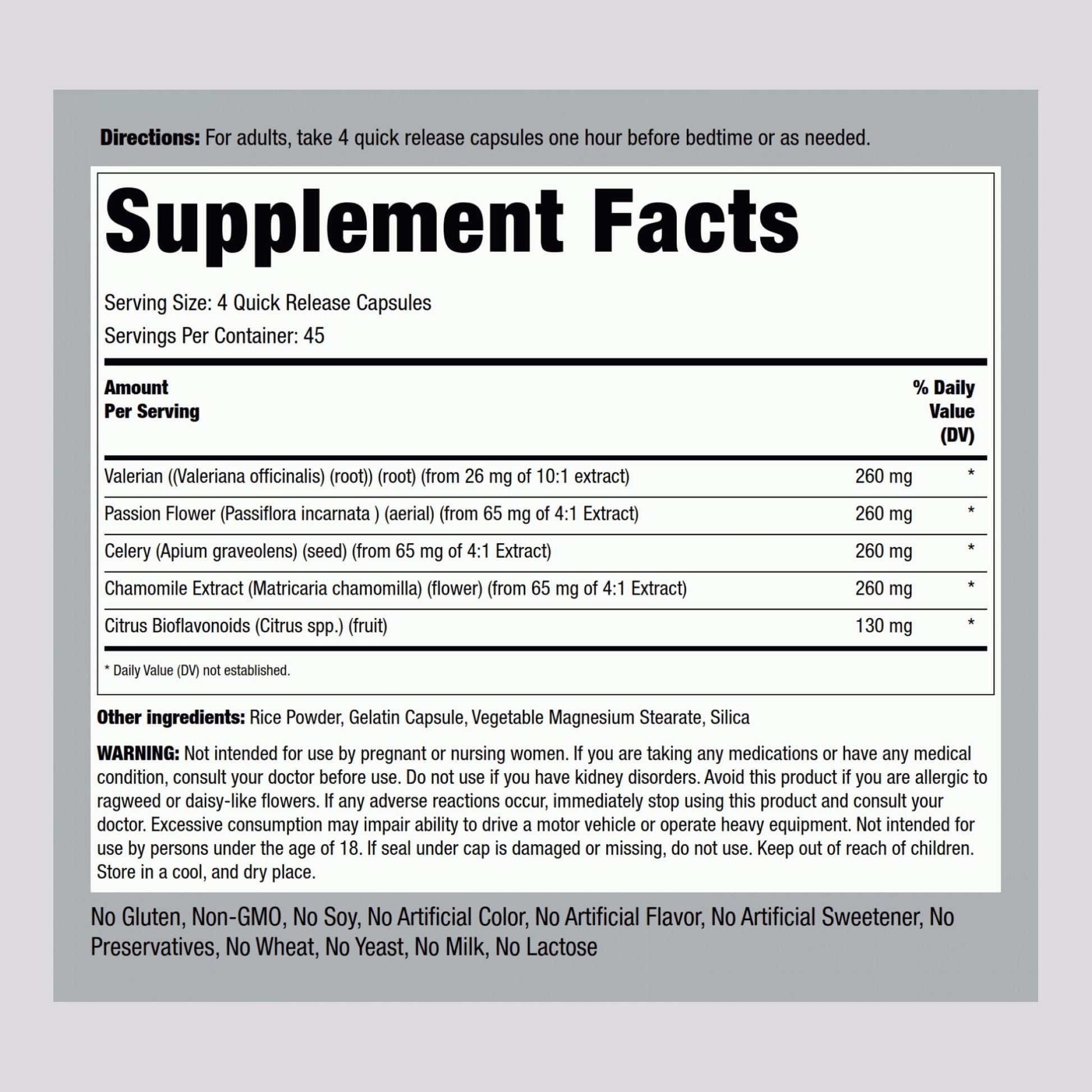 Piping Rock Calm Caps supplement showing the herbal blend ingredient list.