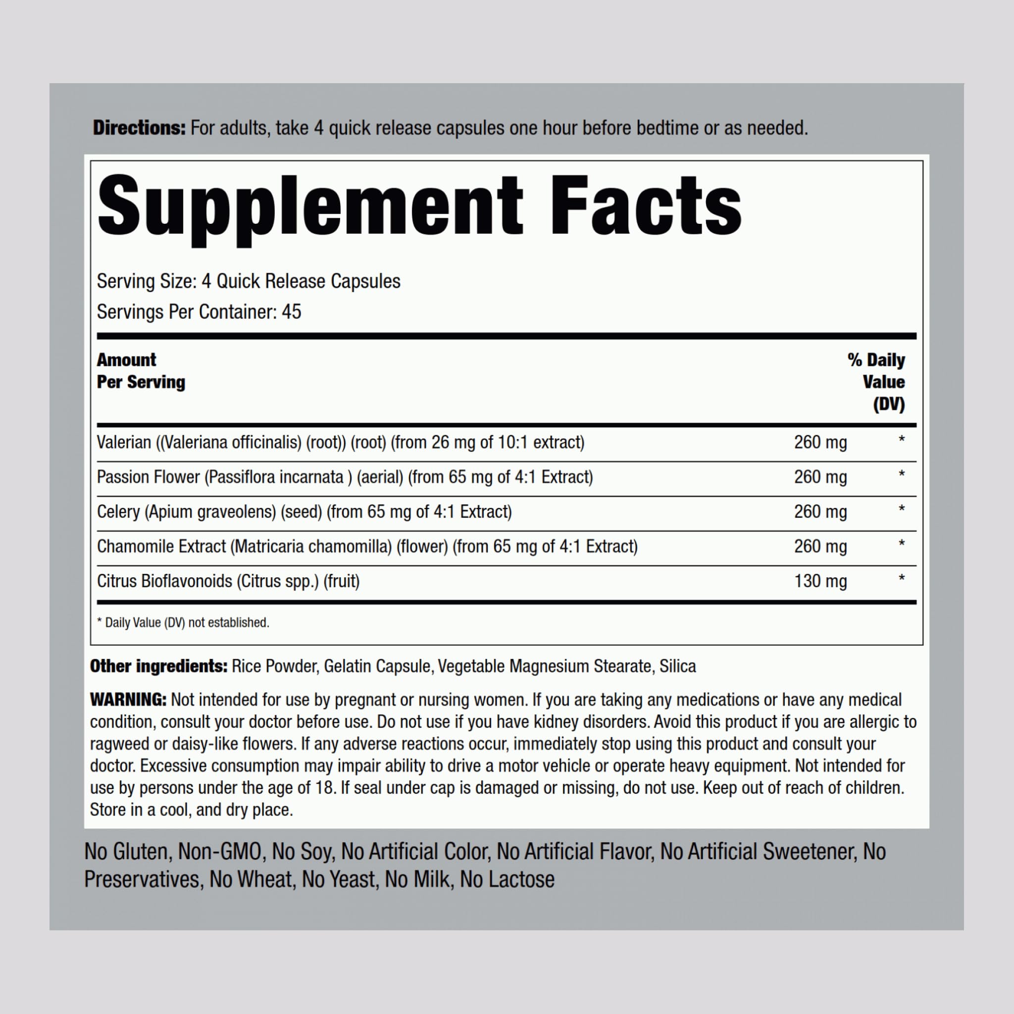 Piping Rock Calm Caps supplement showing the herbal blend ingredient list.