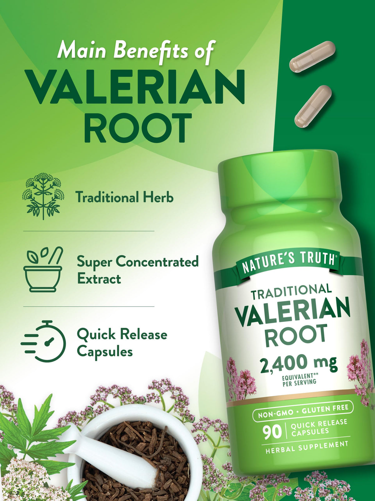 Rudra Retails imported valerian root 2400 milligrams ninety count bottle packaging view