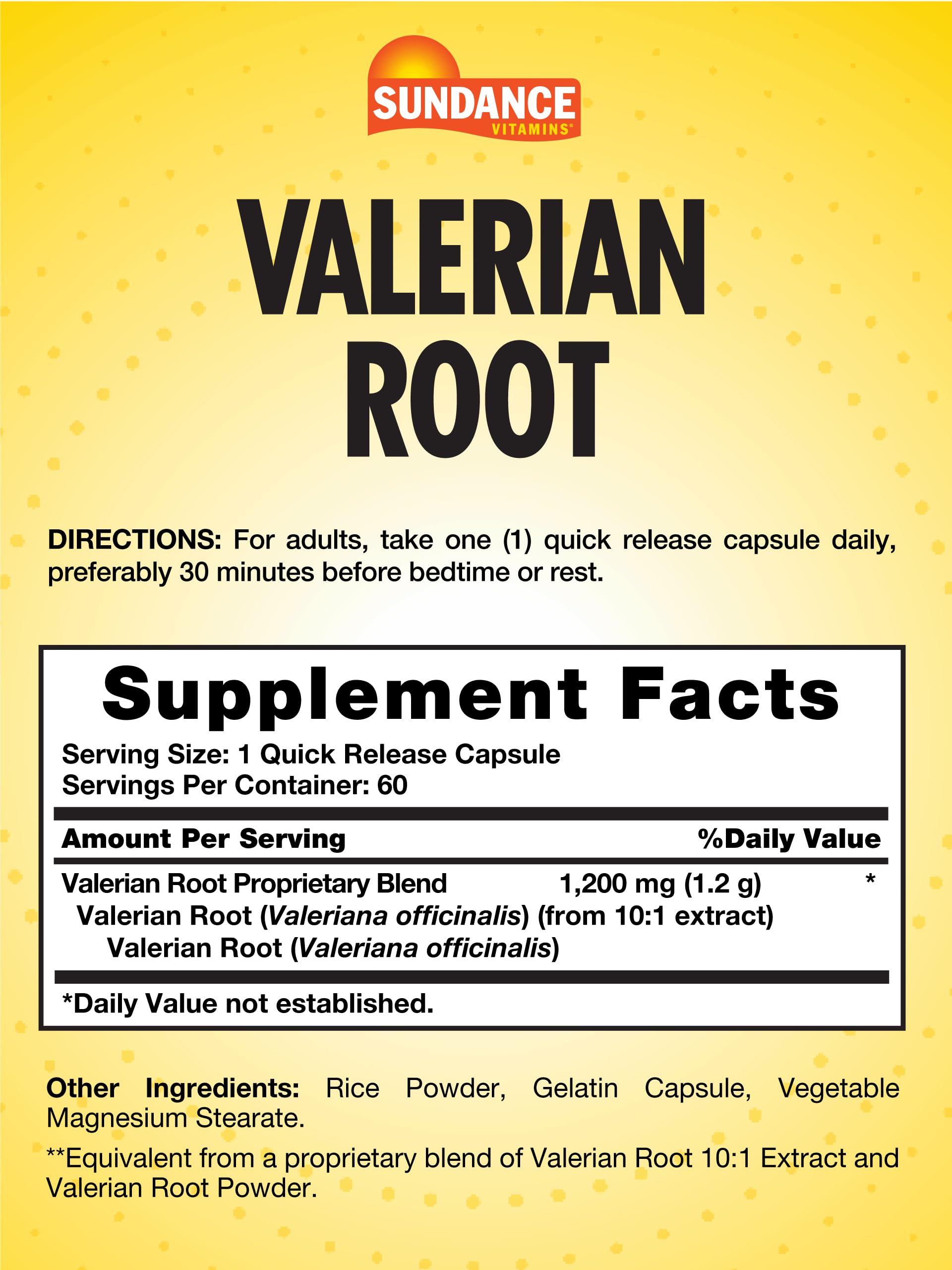 Sundance Valerian Root supplement packaging showing 1200mg non-GMO and gluten-free dietary information labels