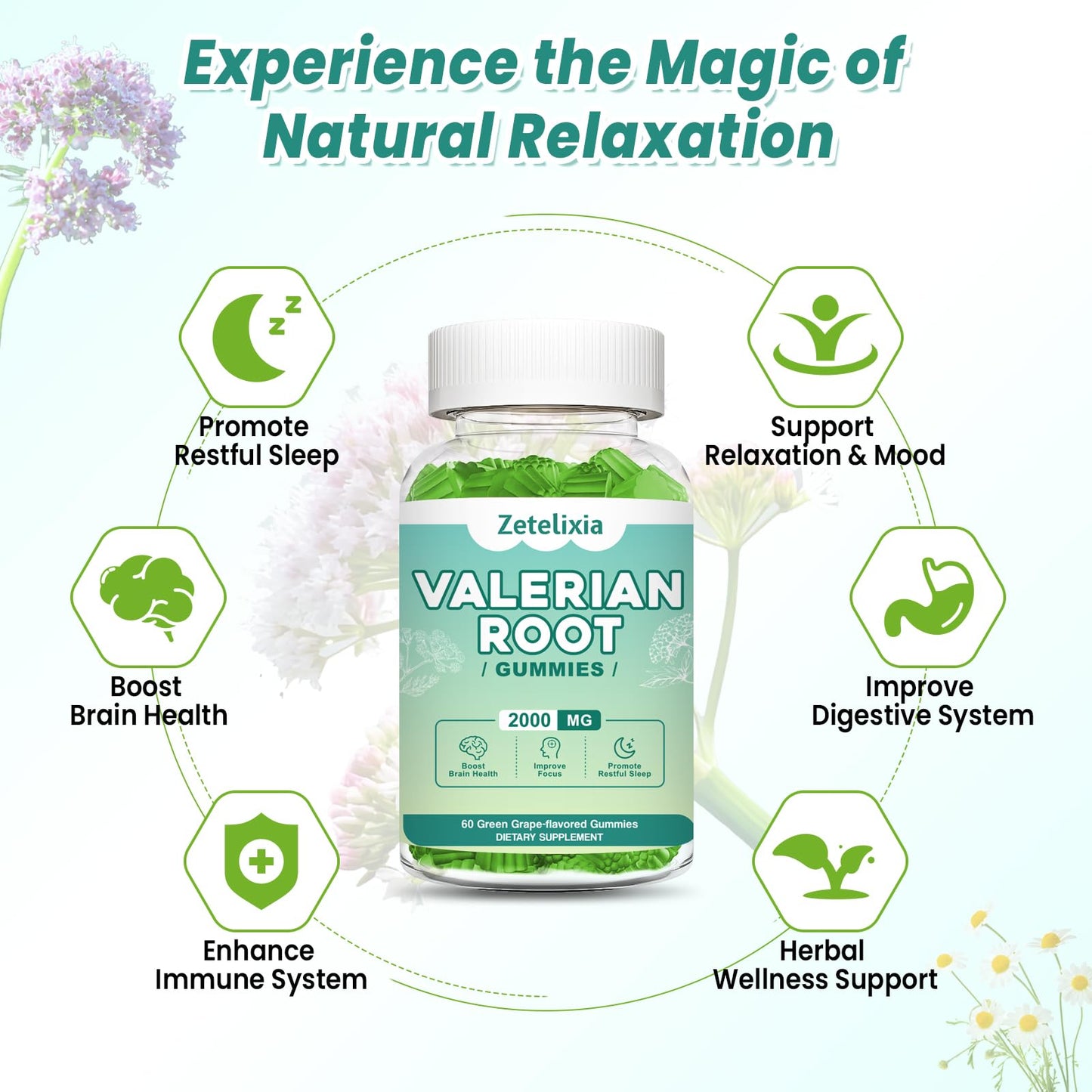 Zetelixia melatonin free green grape flavor herbal supplement bottles showing nutrition facts.