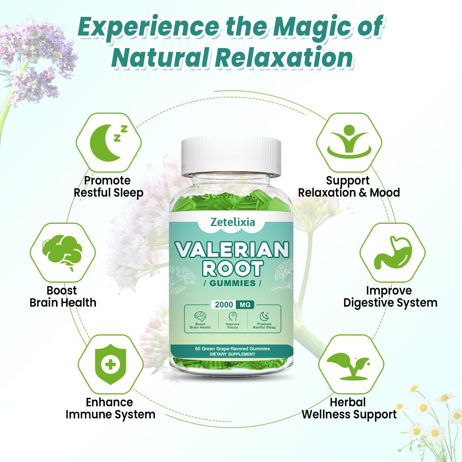 Zetelixia melatonin free green grape flavor herbal supplement bottles showing nutrition facts.