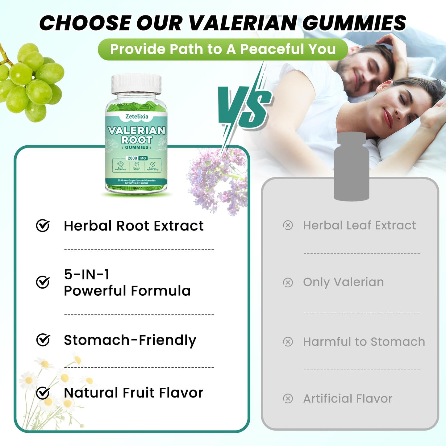 Close up of green grape flavored organic valerian root dietary supplements for anxiety relief.