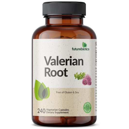 Futurebiotics Valerian Root supplement bottle showing the 1200mg dosage and non-GMO certification label.
