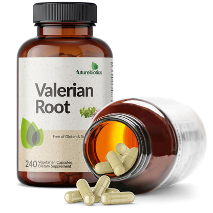 Side view of Futurebiotics Valerian Root 240 capsules highlighting gluten-free and soy-free product details.