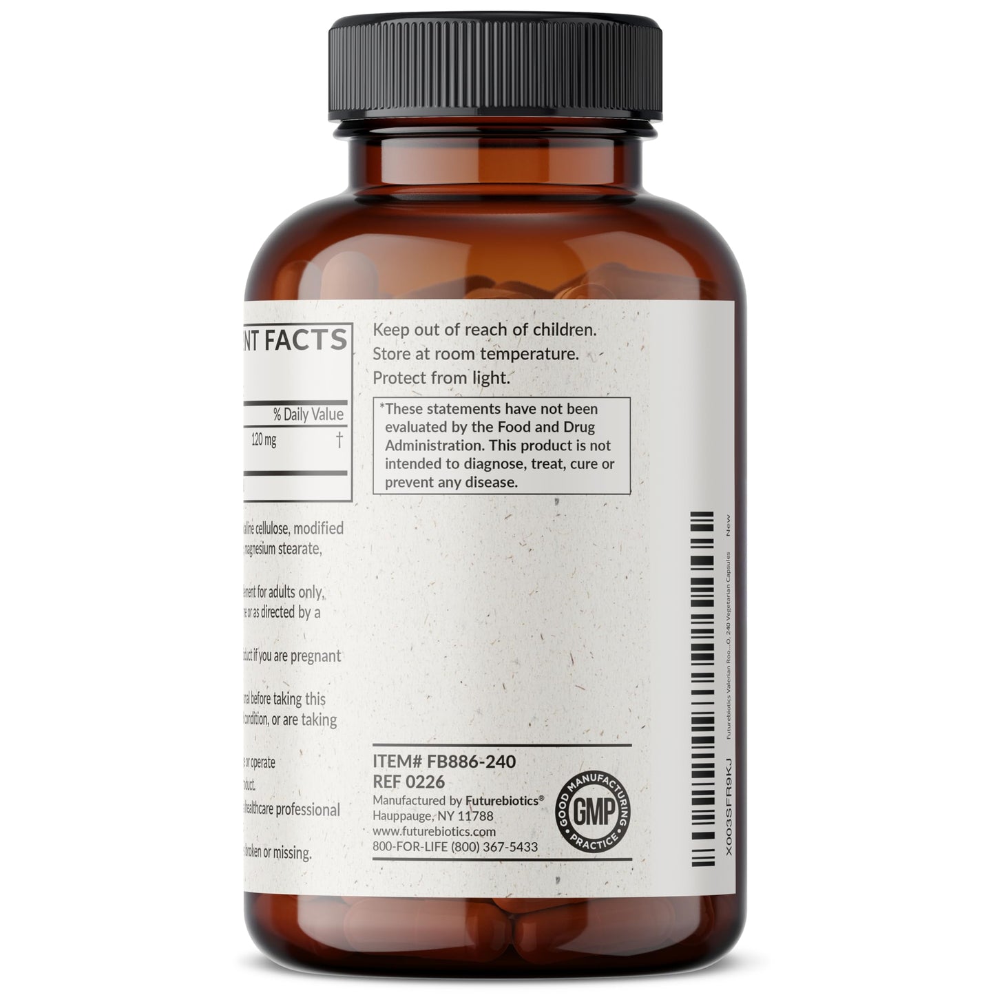 Supplement facts and clean ingredients panel of Futurebiotics Valerian Root 10 to 1 extract capsules.