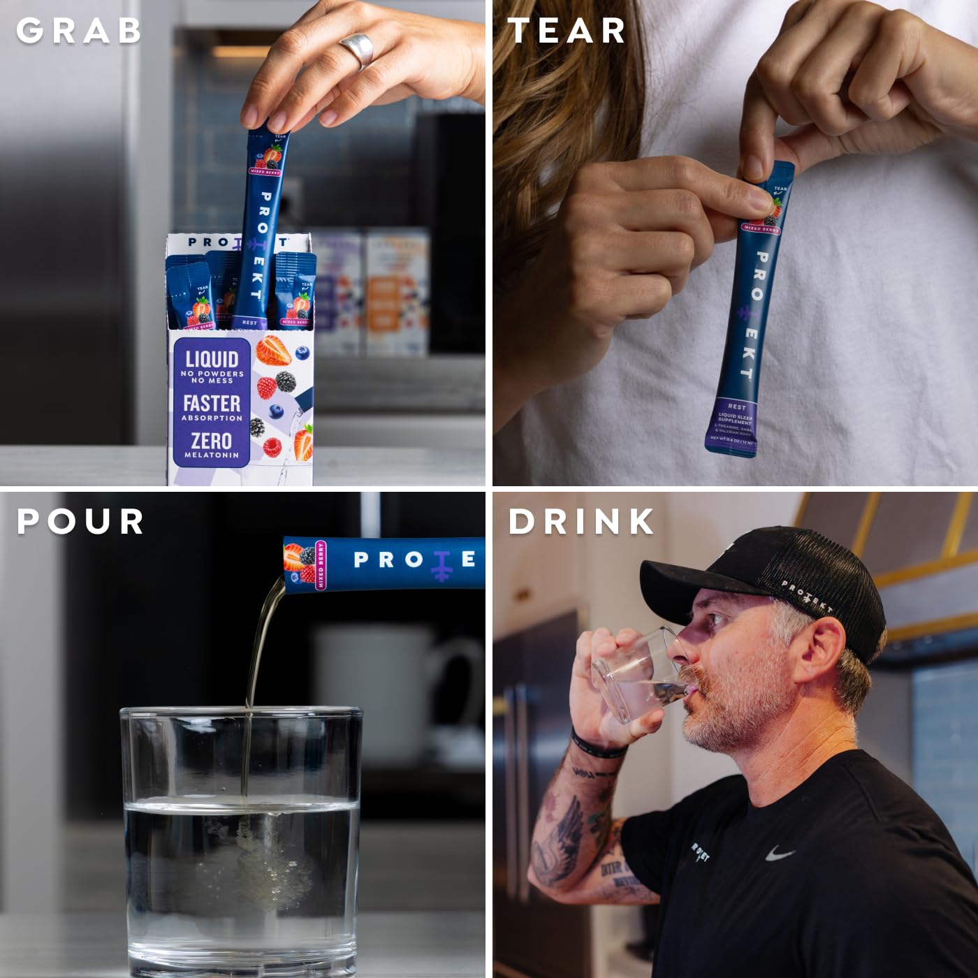 Protekt mixed berry flavor sleep aid packet being poured into water