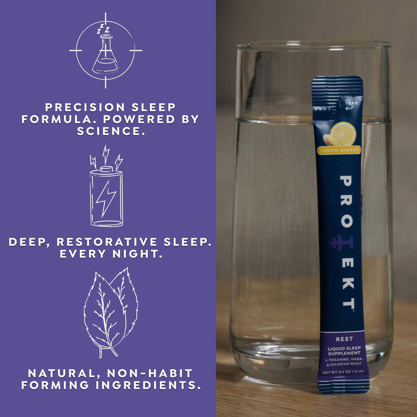Protekt liquid drink mix ingredients callout showing GABA and L-theanine