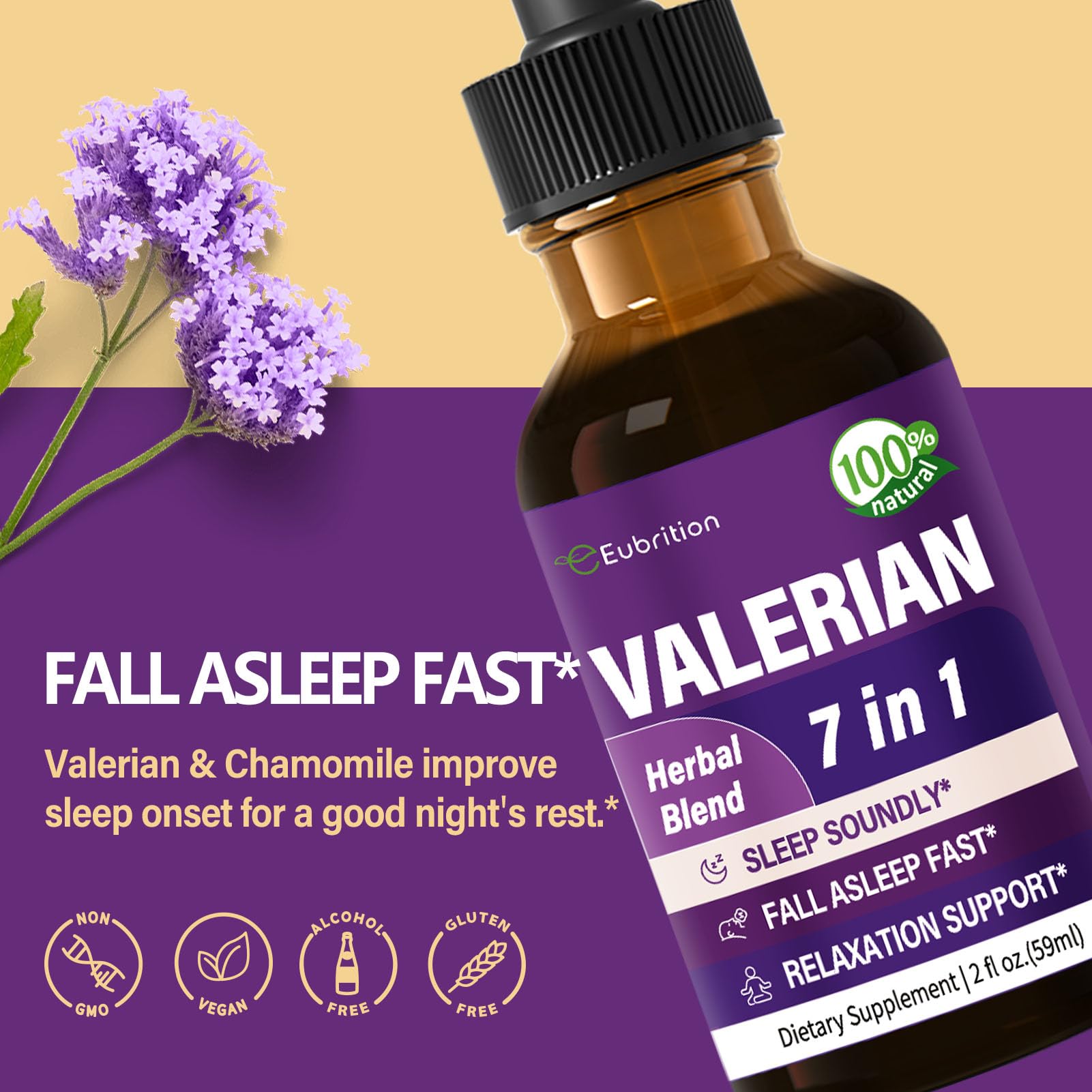 Eubrition seven in one herbal liquid sleep tincture with black dropper lid showing natural ingredients.