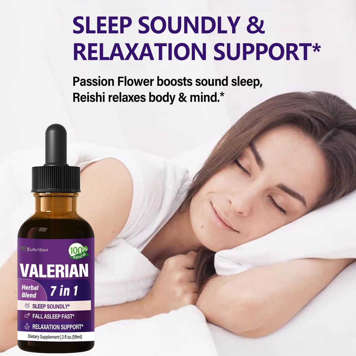 Close up of the product label on Eubrition Valerian Root liquid supplement highlighting the alcohol free vegan blend.