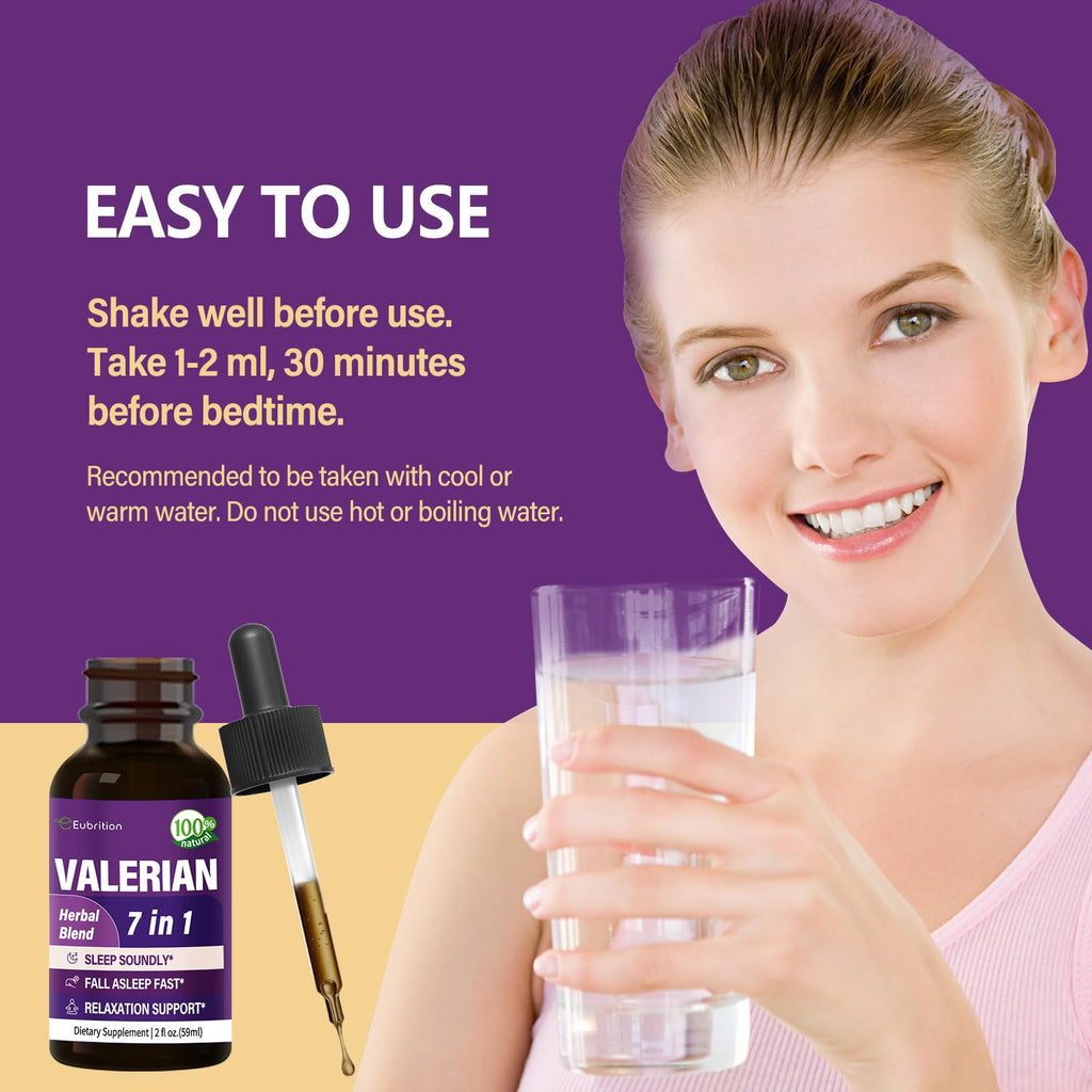 The dropper applicator of Eubrition Valerian Root supplement demonstrating easy liquid measurement before bed.