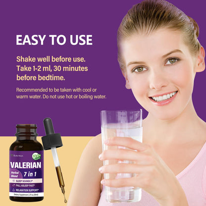 The dropper applicator of Eubrition Valerian Root supplement demonstrating easy liquid measurement before bed.
