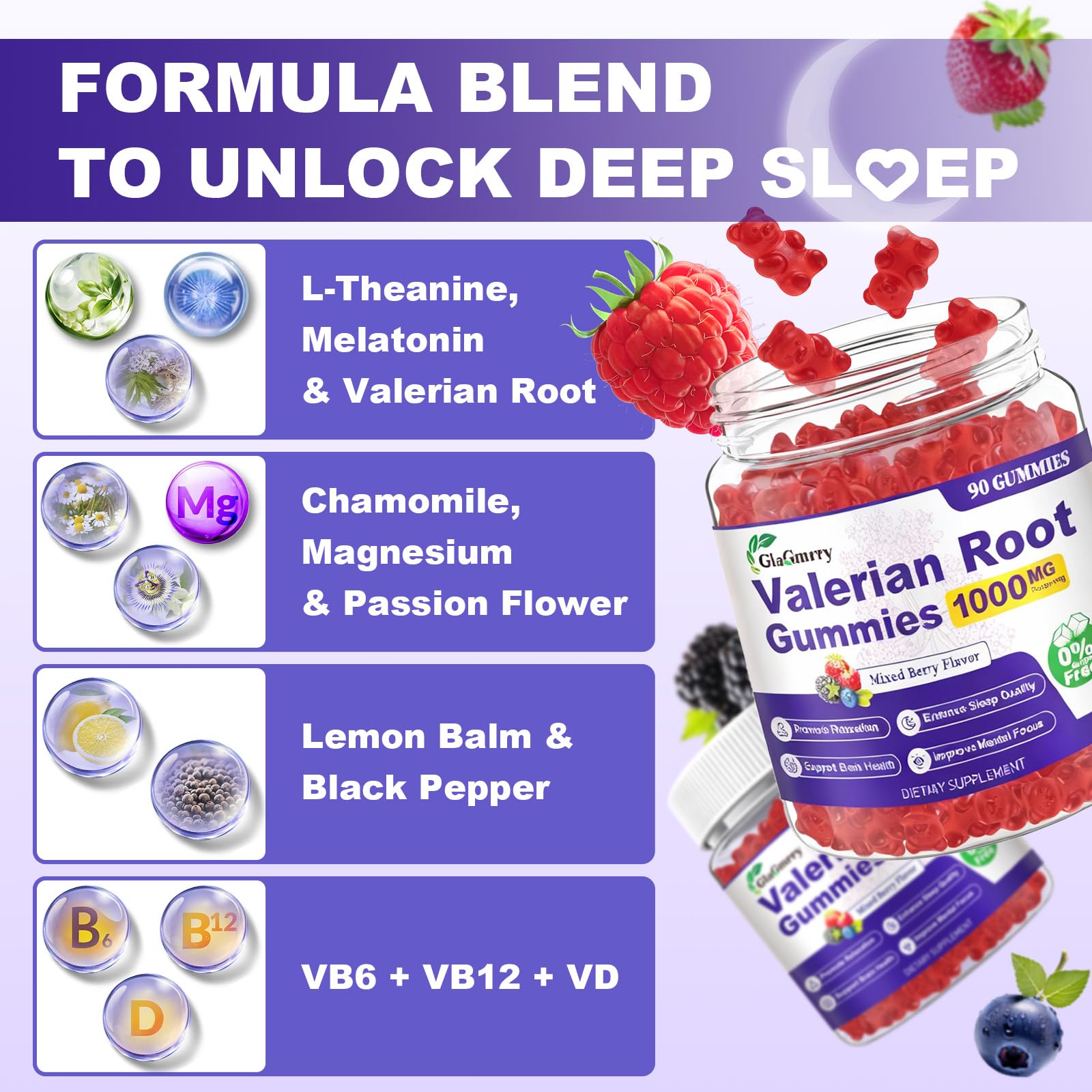 Glagmrry sugar free sleep gummies bottle angled shot detailing the blend of valerian root extract, melatonin, and L-theanine.
