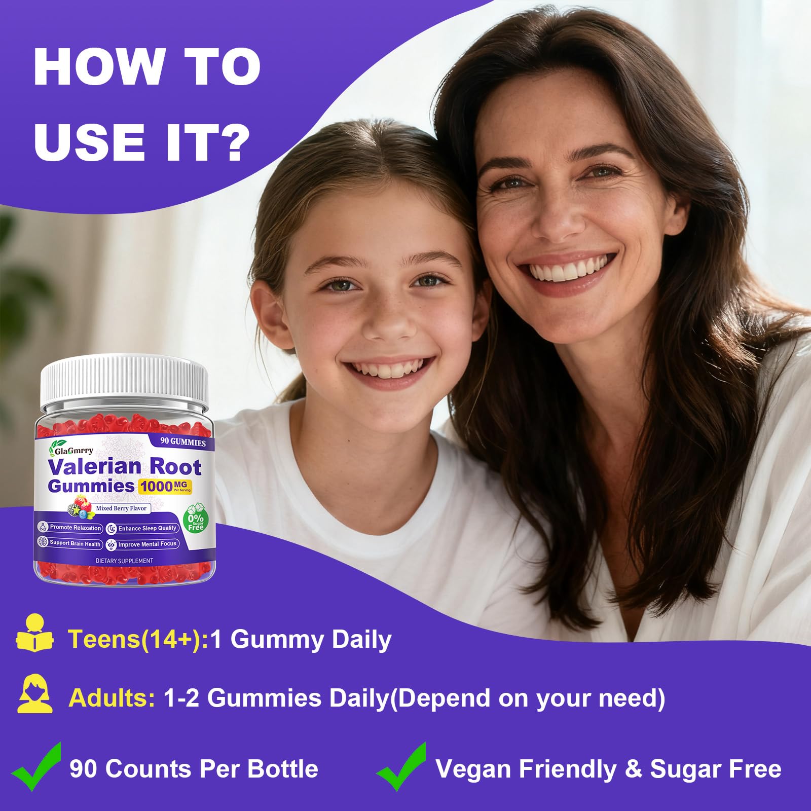 Side view of Glagmrry valerian root extract gummies outlining directions for use and recommended daily dosage instructions.