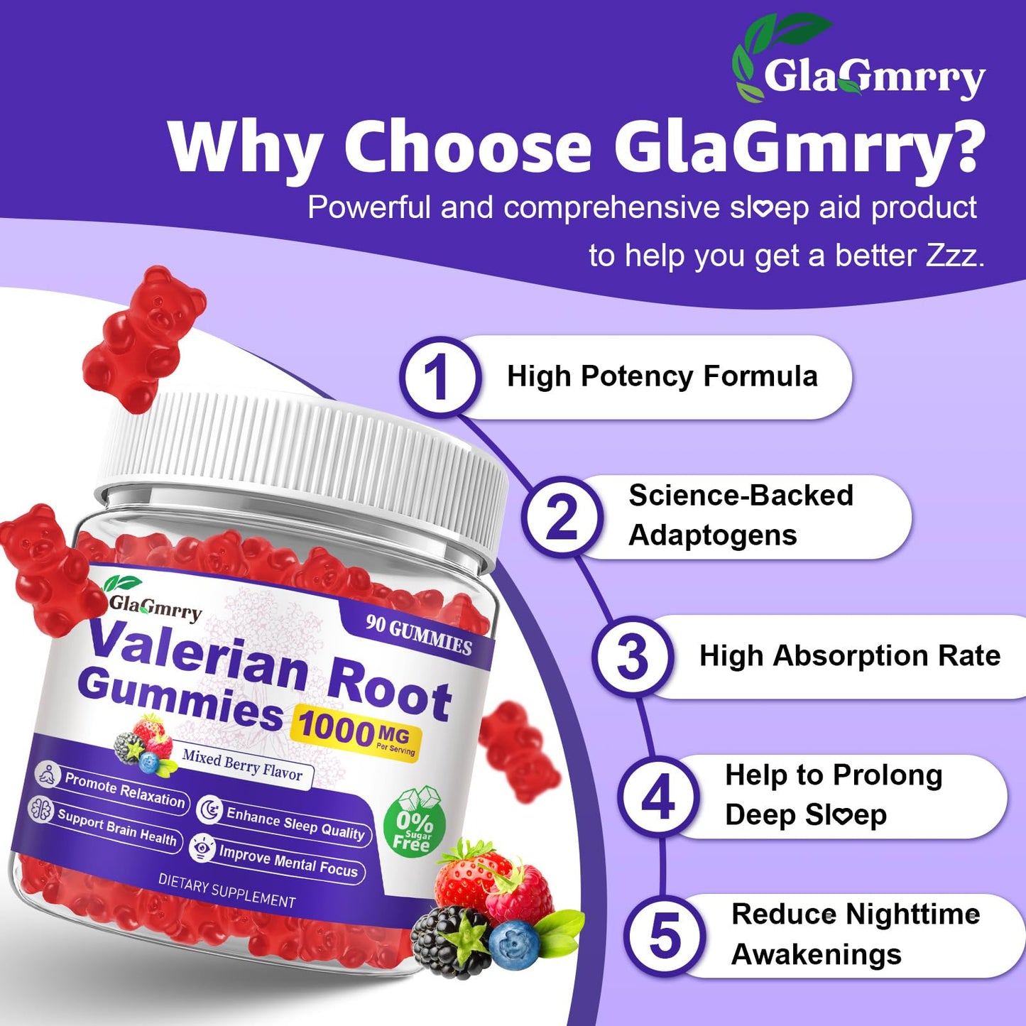 Glagmrry nighttime relaxation gummies bottle displayed on a nightstand emphasizing its use in a evening bedtime routine.