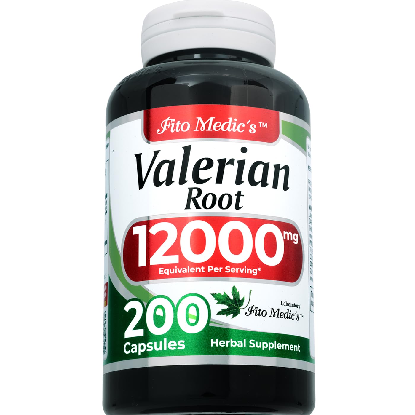 Side angle view of Fito Medics Lab Valerian Root sleep support supplement highlighting product directions and dosage details.