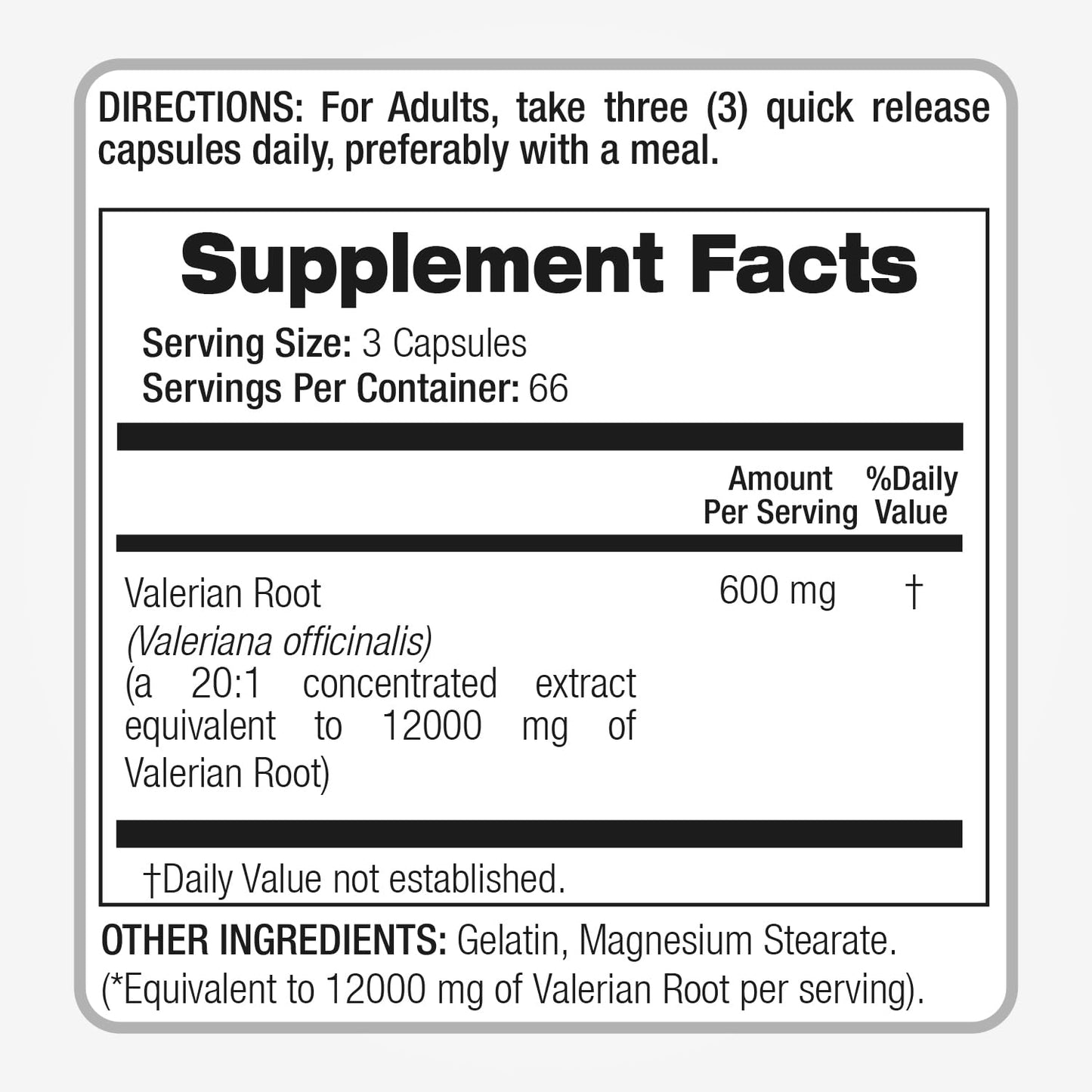Back label view of Fito Medics Lab Valerian Root 12000mg concentrated extract listing ingredients and serving specifications.