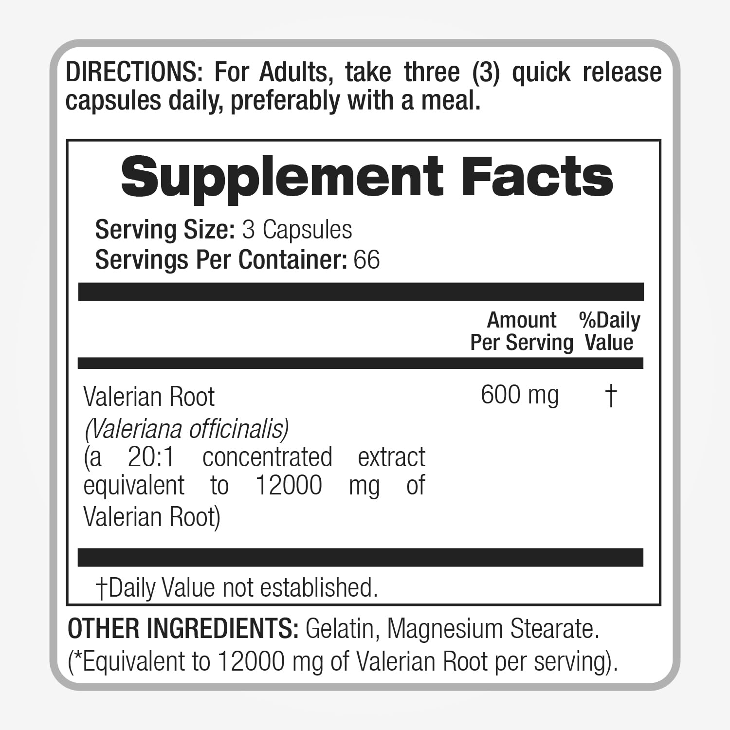 Back label view of Fito Medics Lab Valerian Root 12000mg concentrated extract listing ingredients and serving specifications.