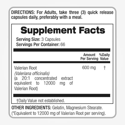 Back label view of Fito Medics Lab Valerian Root 12000mg concentrated extract listing ingredients and serving specifications.