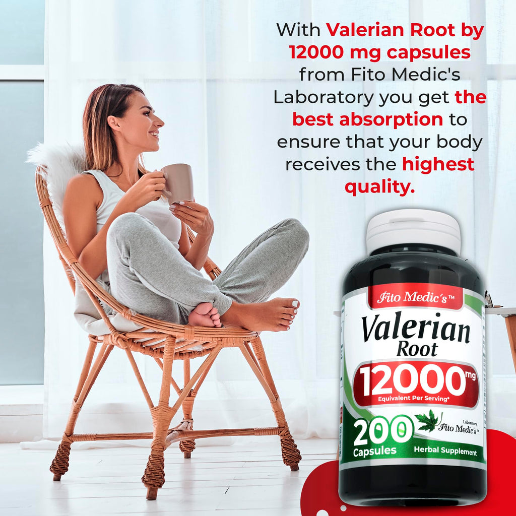 Close up view of the ultra high absorption herbal capsules from the Fito Medics Lab Valerian Root bottle.