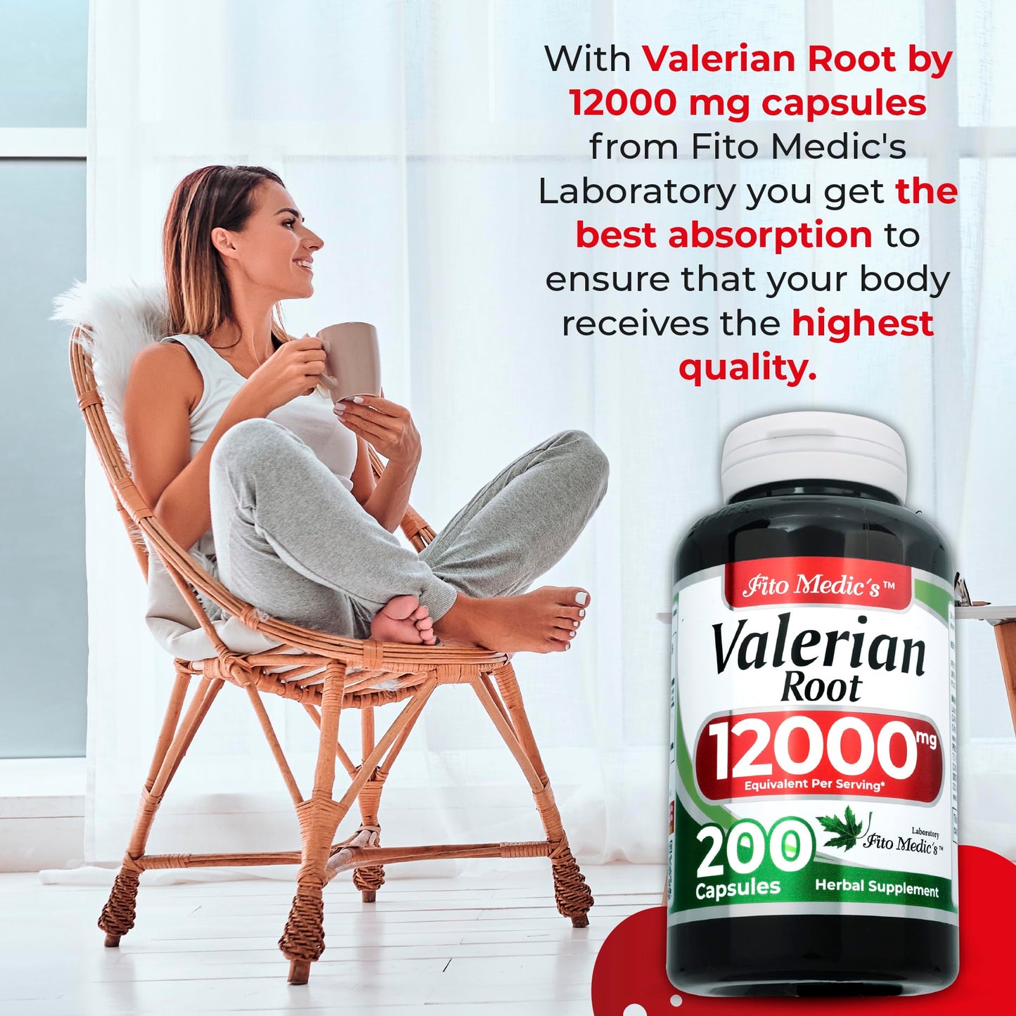 Close up view of the ultra high absorption herbal capsules from the Fito Medics Lab Valerian Root bottle.