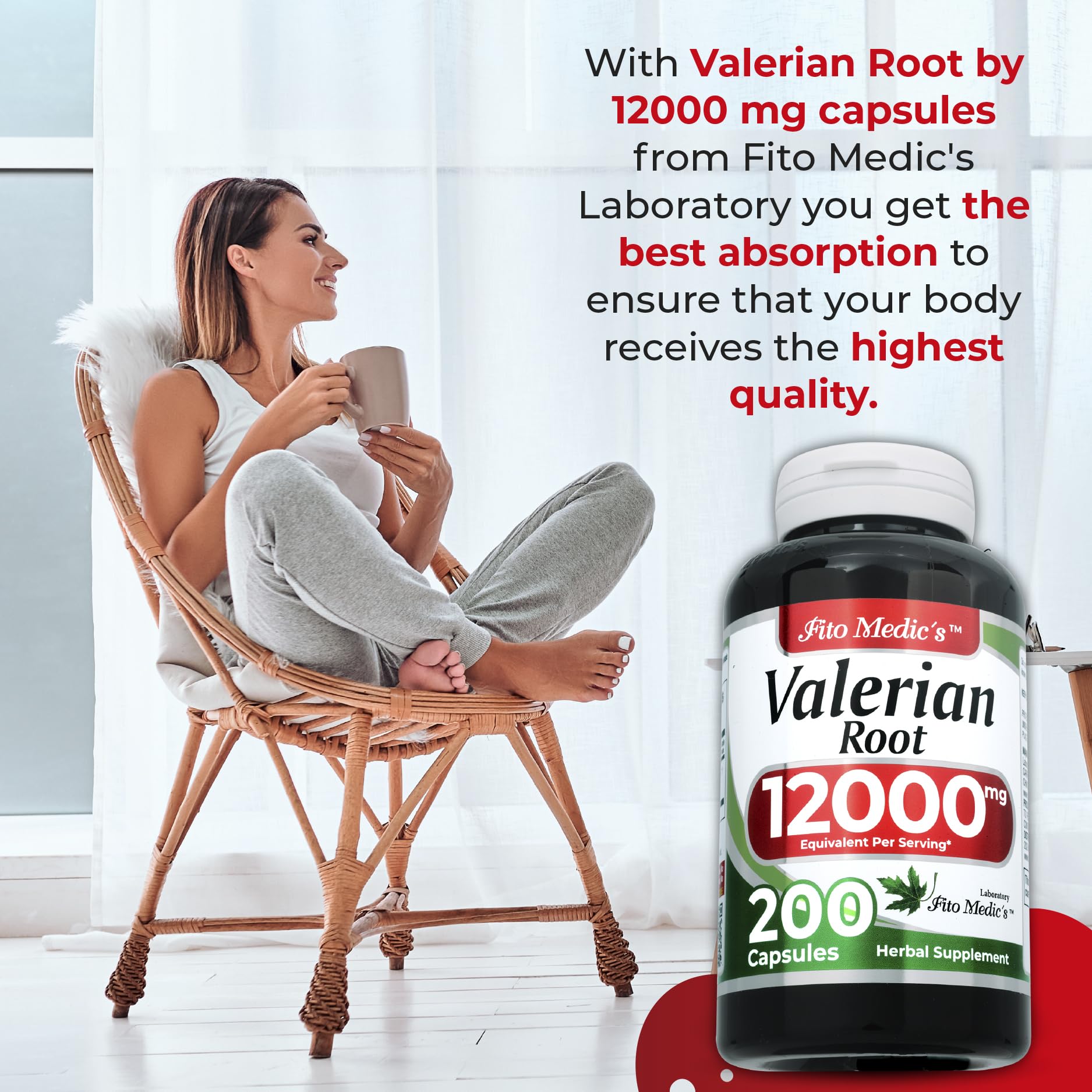Close up view of the ultra high absorption herbal capsules from the Fito Medics Lab Valerian Root bottle.