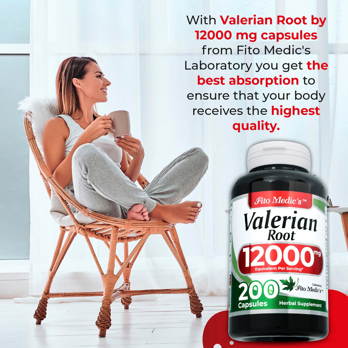 Close up view of the ultra high absorption herbal capsules from the Fito Medics Lab Valerian Root bottle.