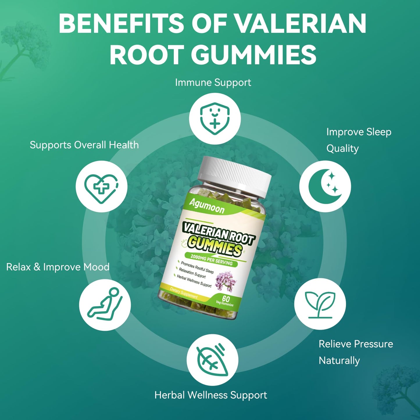 Authentic imported 60 count valerian root gummy bottle for daily tension relief.